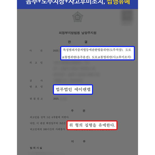 음주운전+도주치상+사고후미조치 혐의 의뢰인, 동종전력 있음에도 집행유예 선처 성공