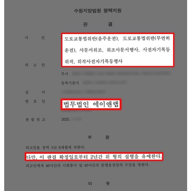 음주2진+무면허운전 및 사문서위조 행한 의뢰인 변호하여 집행유예 이끌어내